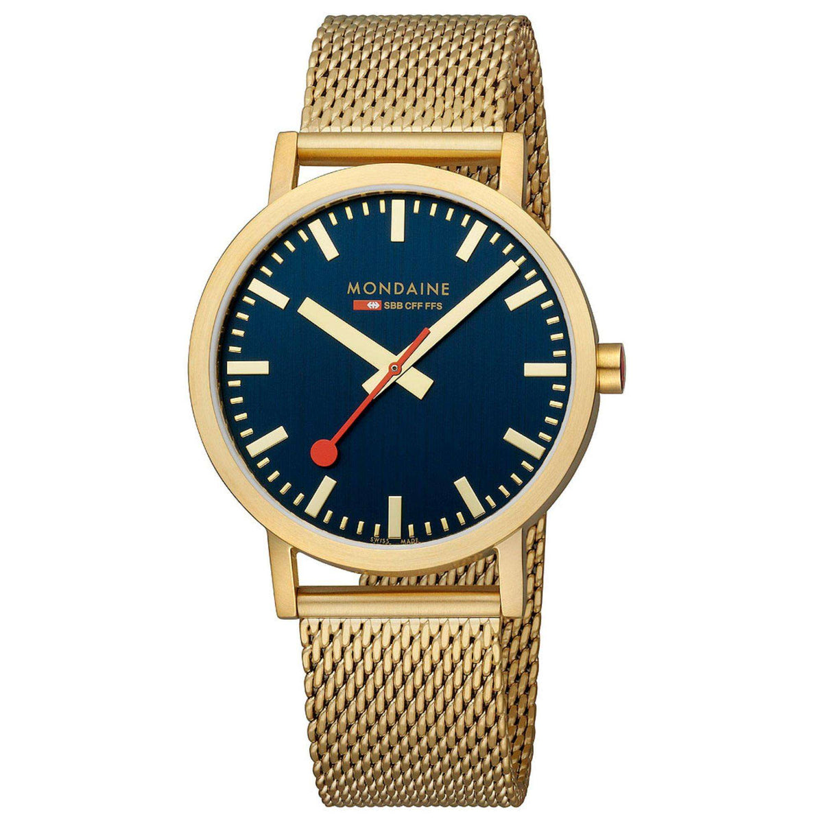 Mondaine Classic A660.30360.40SBM front studio shot revealing blue dial layout and mesh bracelet