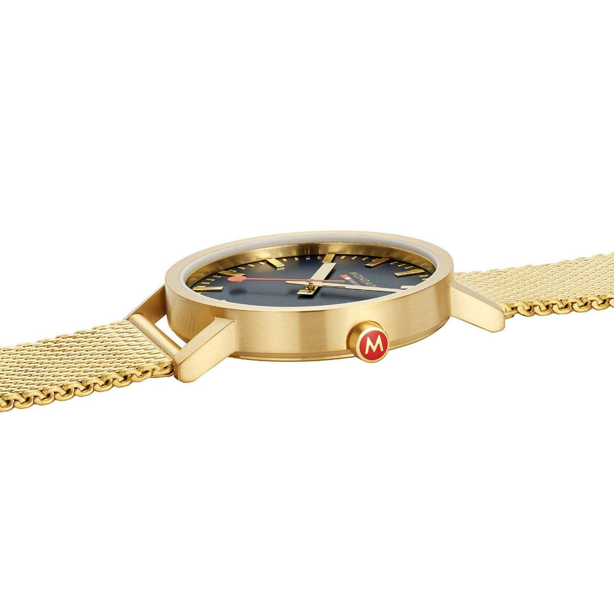 Mondaine Classic A660.30360.40SBM side profile showing crown detail and slim steel case