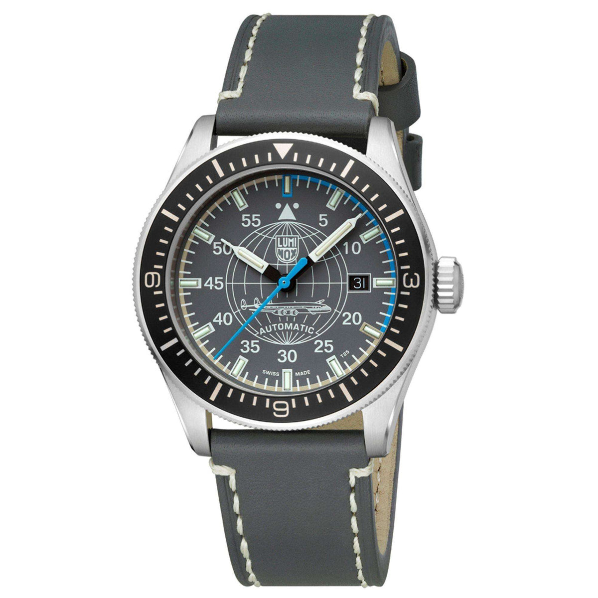 Luminox Constellation XA.9602 angled front view showing grey dial, black bezel, and grey leather strap