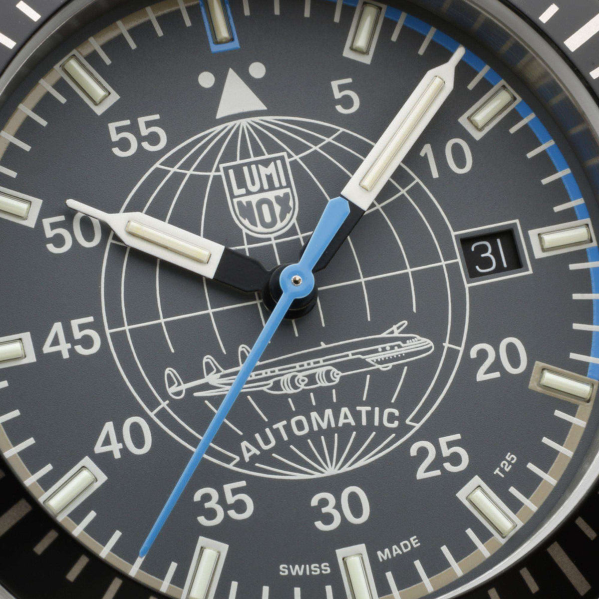 Luminox Constellation XA.9602 close up view of grey dial featuring blue seconds hand and date display window
