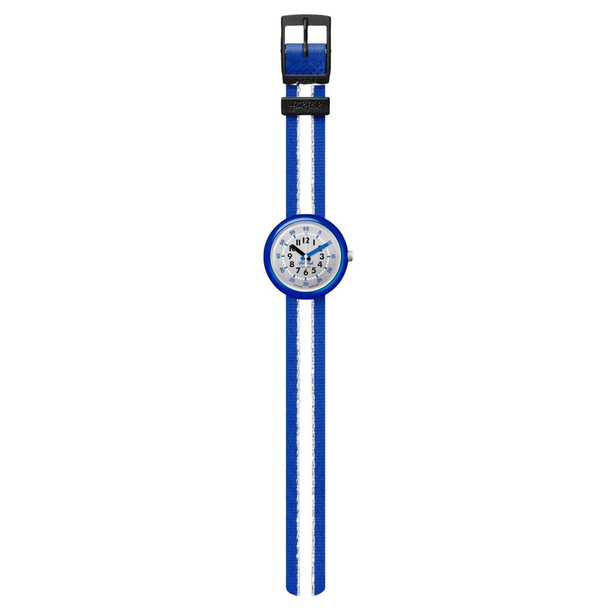 Blue kids wristwatch with silver case and white dial, on blue fabric strap with buckle