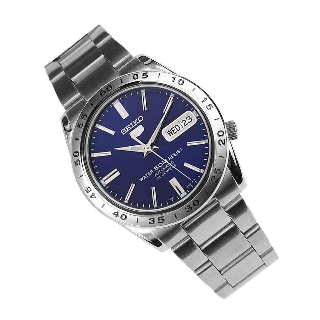 Seiko 5 Automatic SNKD99K1 blue dial stainless steel men's watch angled view showing day-date window on white background