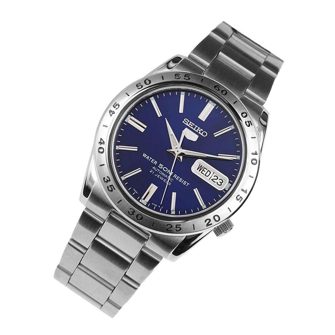 Seiko SNKD99K1 automatic watch with vibrant blue dial and stainless steel bracelet in angled studio shot