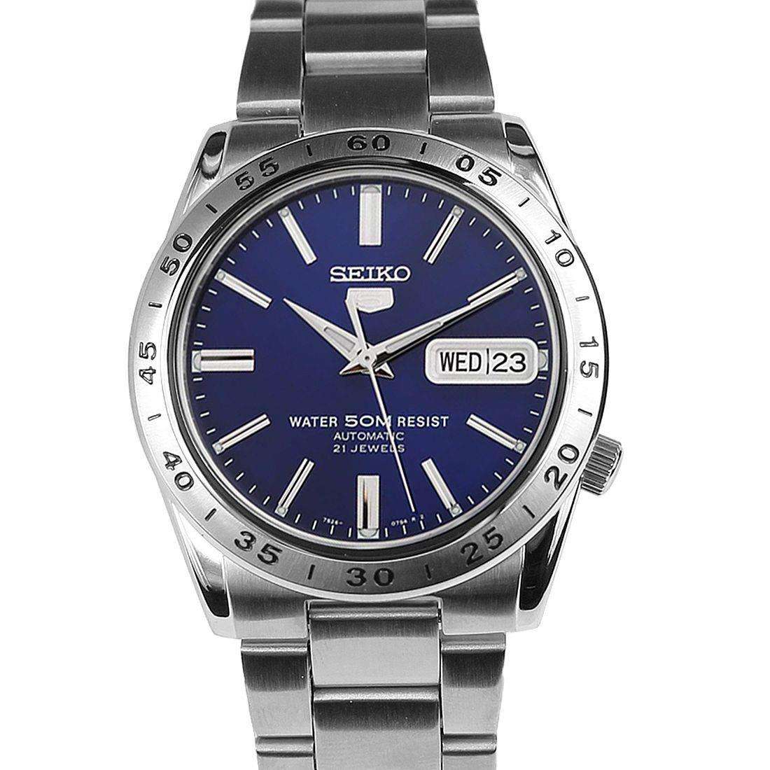 Seiko 5 SNKD99K1 blue dial automatic watch full front view with date window and 50M water resistance text