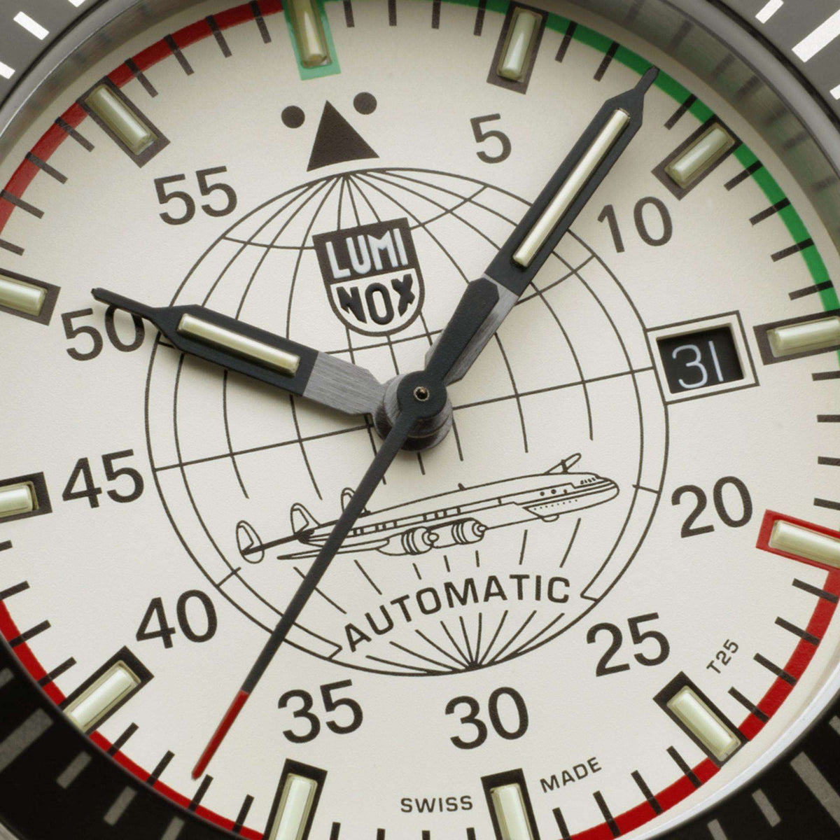 Luminox Constellation XA.9607 close-up view of cream dial showing date display and airplane design detail