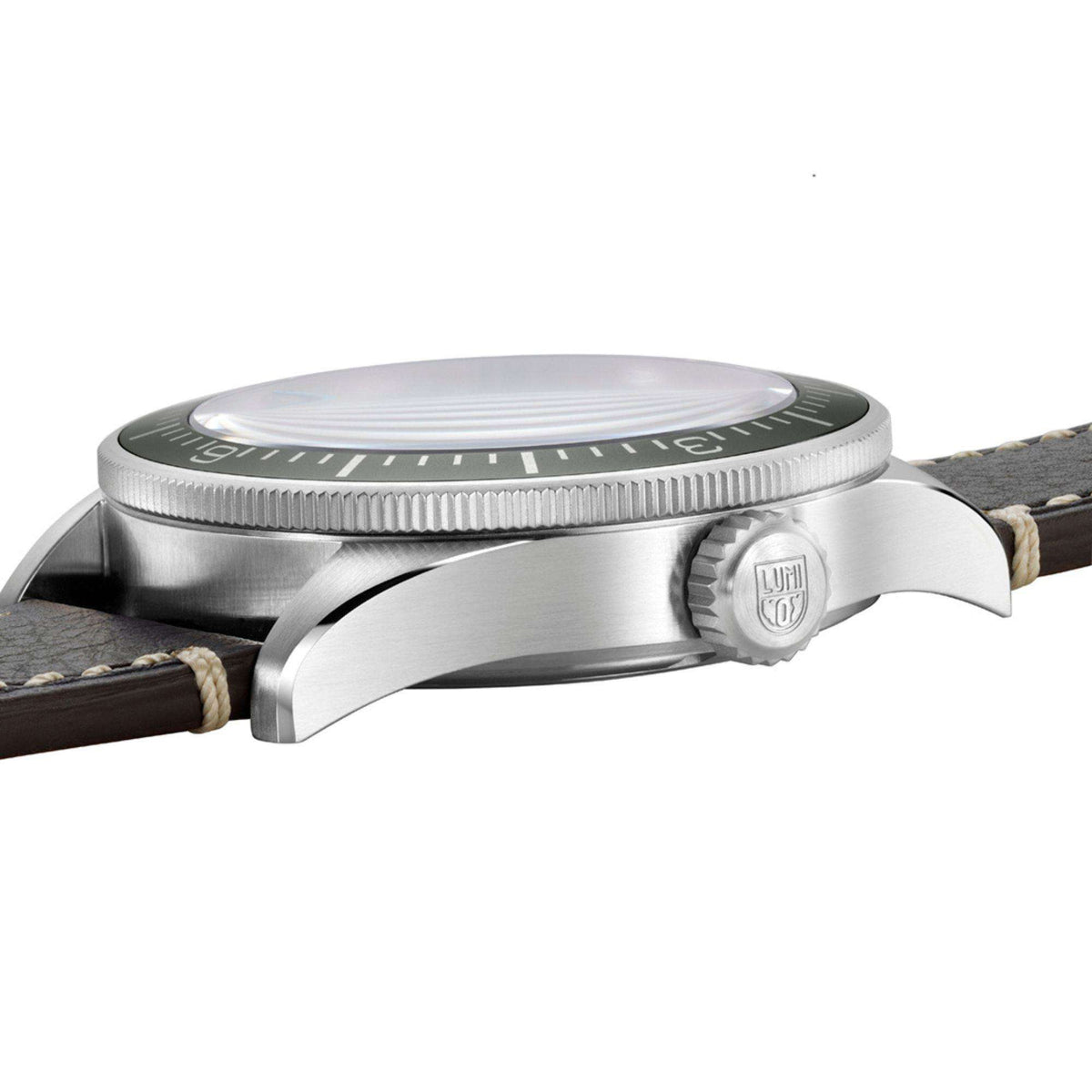 Luminox Constellation XA.9607 side profile view displaying stainless steel case and brown leather strap