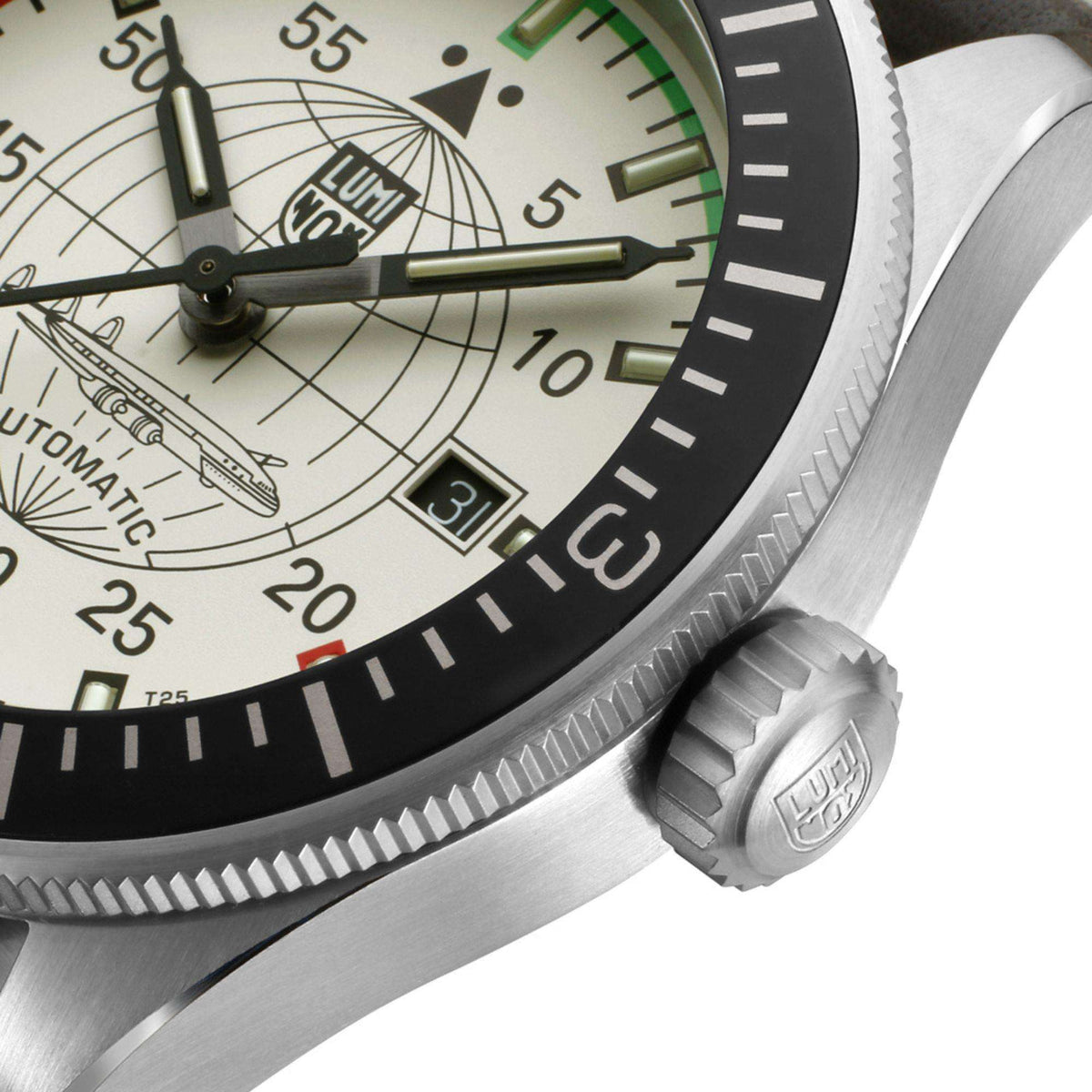 Luminox Constellation XA.9607 close-up angled view of cream dial, black bezel, and winding crown