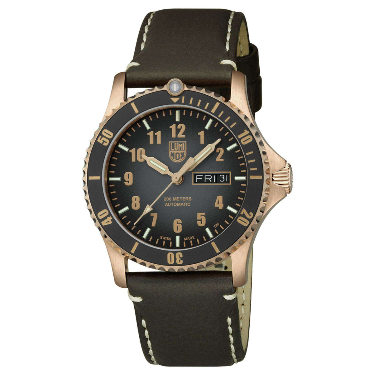 Men's automatic wristwatch, black dial with date window, black leather strap, rose-gold bezel