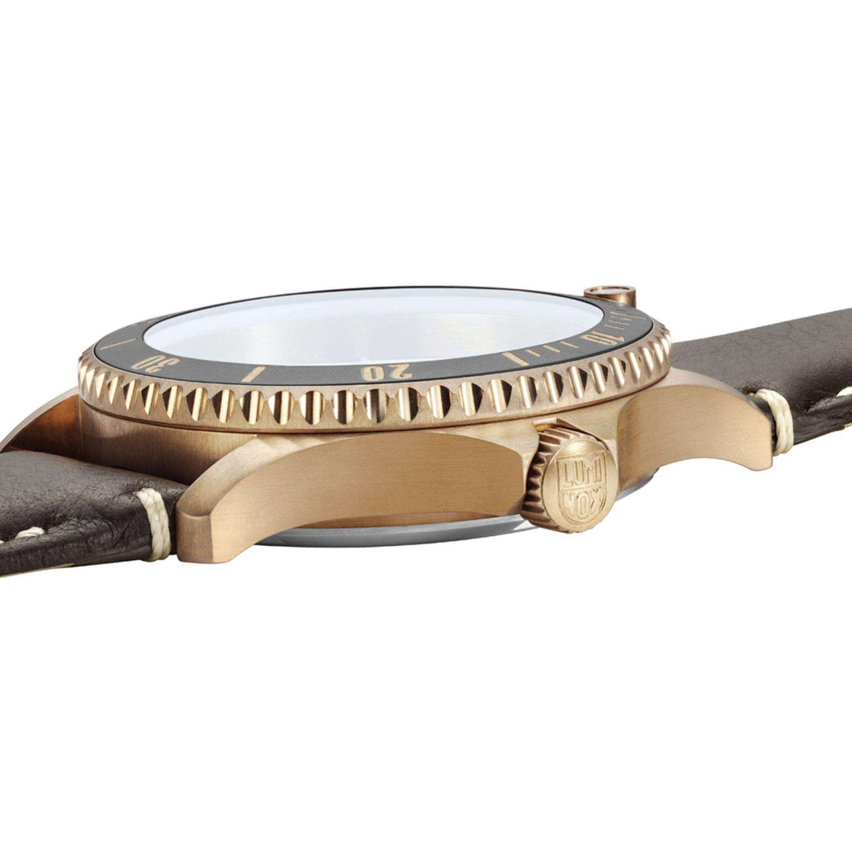 Men's automatic watch side profile with black leather strap and ridged bezel