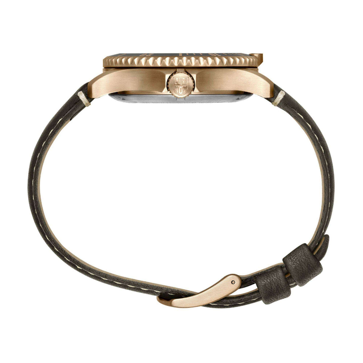 Men's automatic watch with black leather strap and rose-gold case profile