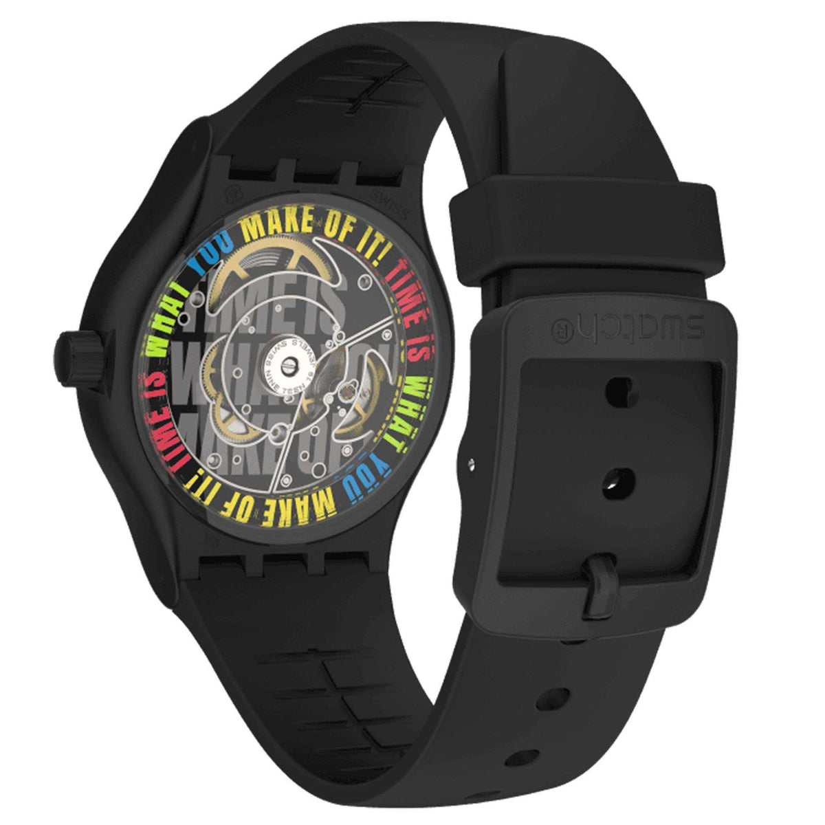 Black automatic watch with transparent case showing colorful inner mechanism and rubber strap