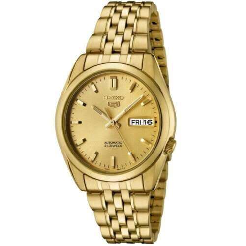 Front view of Seiko 5 SNK366K1, automatic gold dial, gold PVD stainless steel watch
