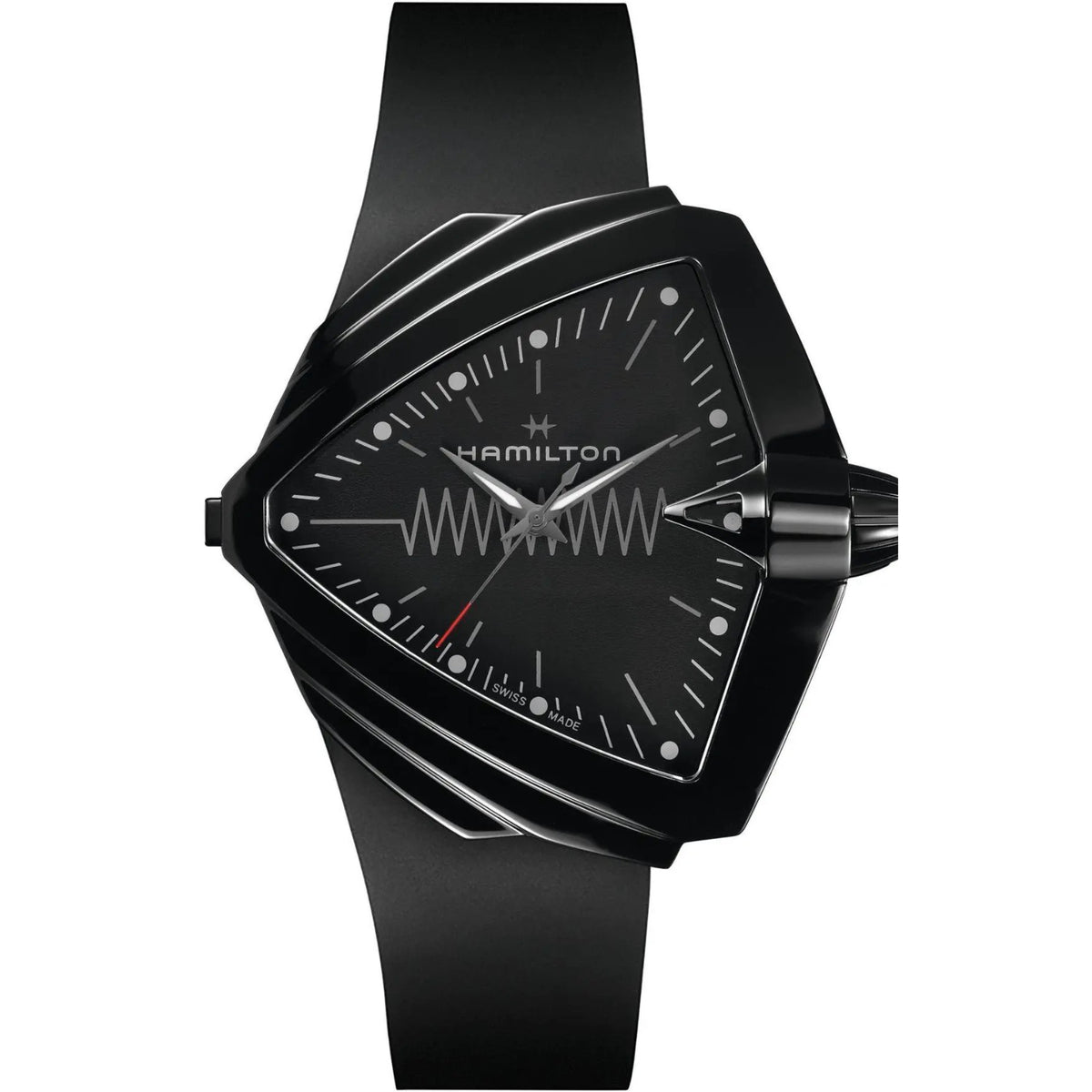 Men's black rubber strap quartz wristwatch with angular black case and black dial