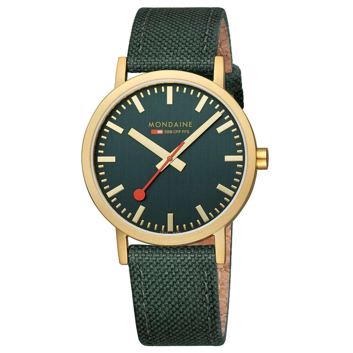 Mondaine classic watch angled view with green dial, gold-tone case, and green fabric strap