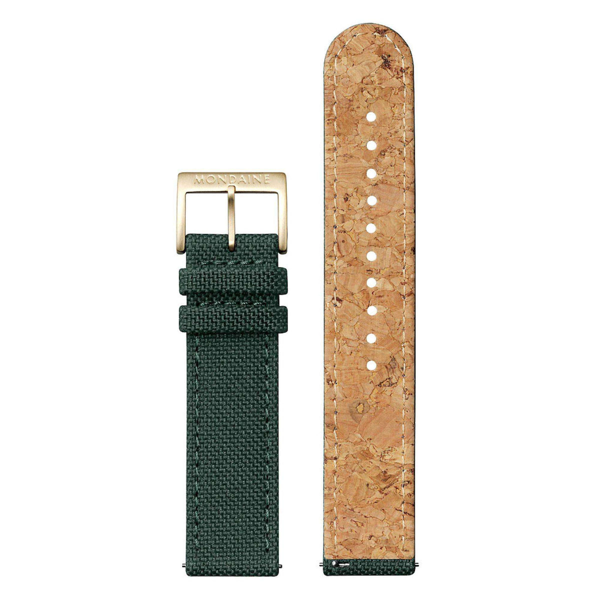 Watch strap ends showing gold buckle, dark green fabric, and tan backing