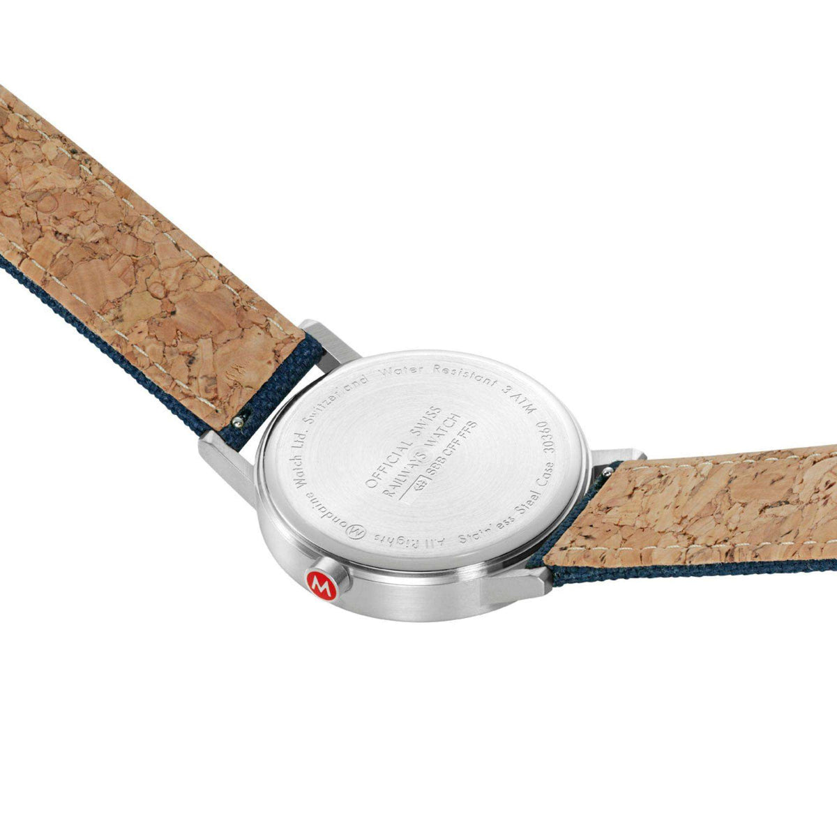 Mondaine Classic quartz watch caseback view with blue textile strap