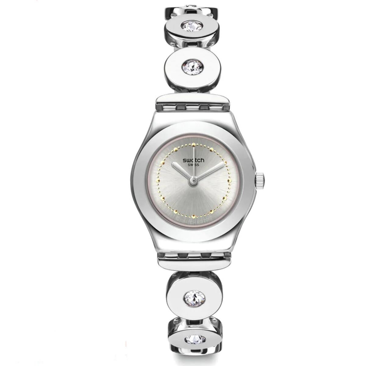 Ladies stainless steel wristwatch with white dial, gold dot markers, round case, bracelet