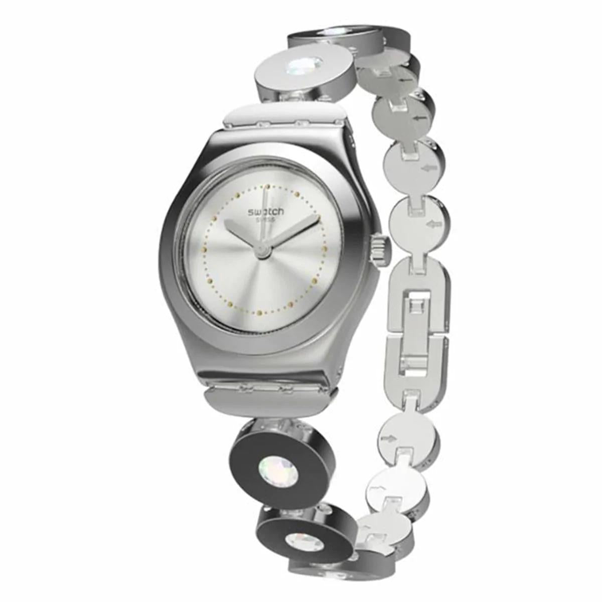 Ladies stainless steel wristwatch shown from side with white dial and linked bracelet