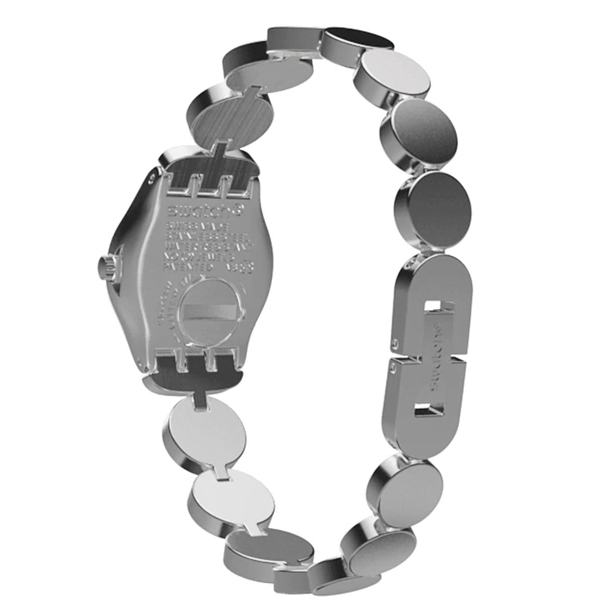 Stainless steel watch bracelet links, underside view of watch case and crown