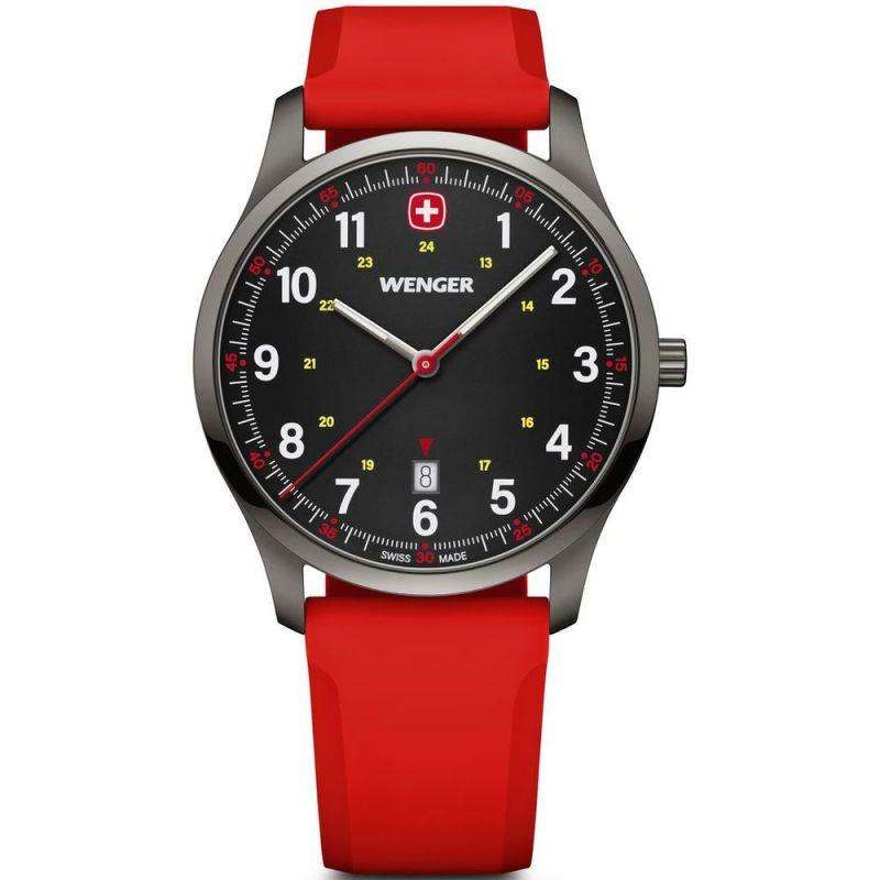 Wenger sports quartz wristwatch with black dial, red rubber strap, and silver case.