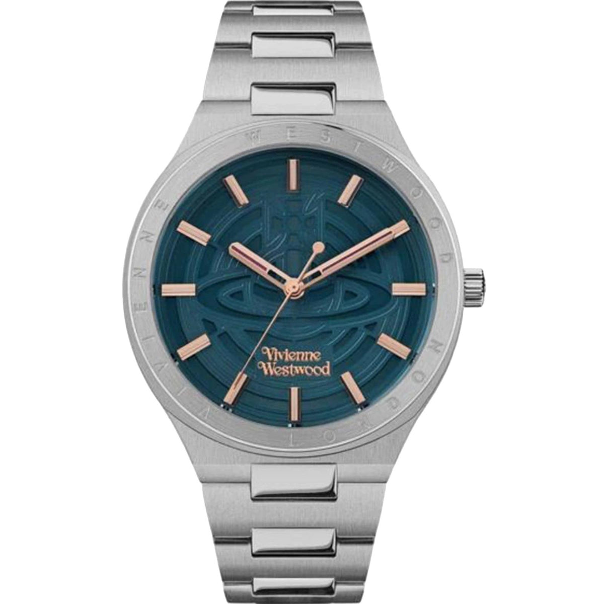 Women's stainless steel quartz watch with dark blue dial, rose-gold markers and hands.