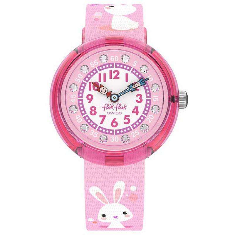 Pink kids wristwatch with rabbit-pattern fabric strap and round quartz dial