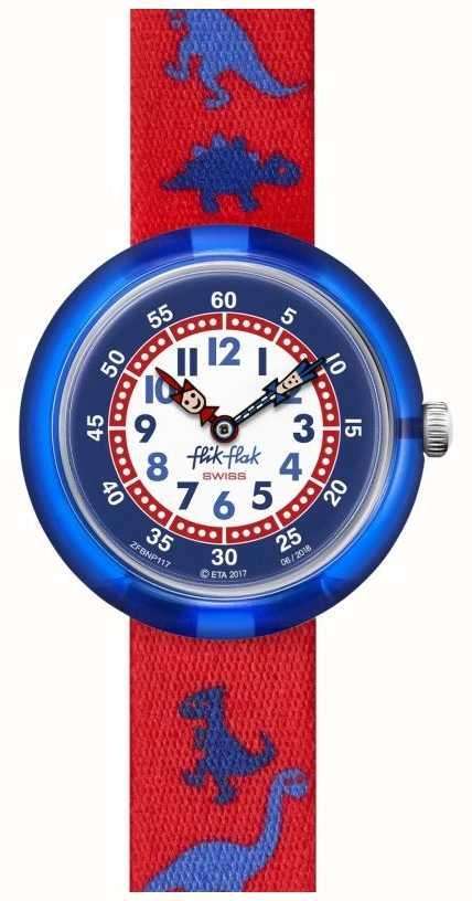 Close-up children's quartz watch: blue dial with dinosaur details on red fabric strap