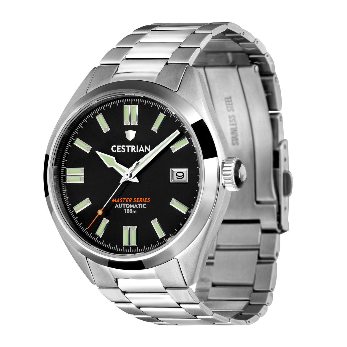 Automatic men’s steel watch angled view, black dial with luminous markers and crown