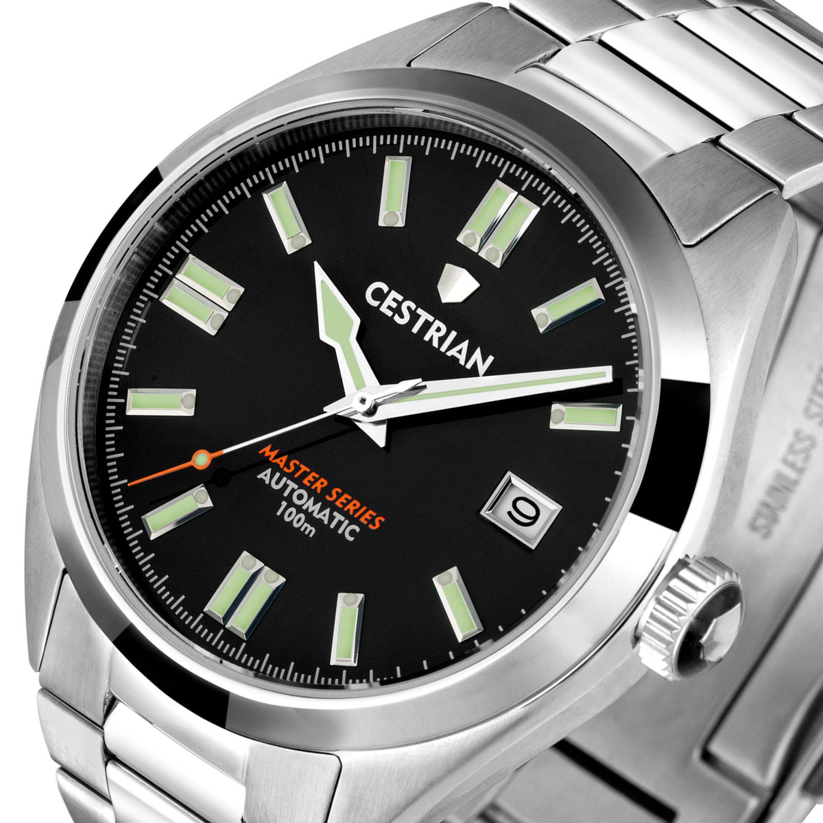 Automatic men’s watch close-up: black dial with luminous markers, date window, steel case