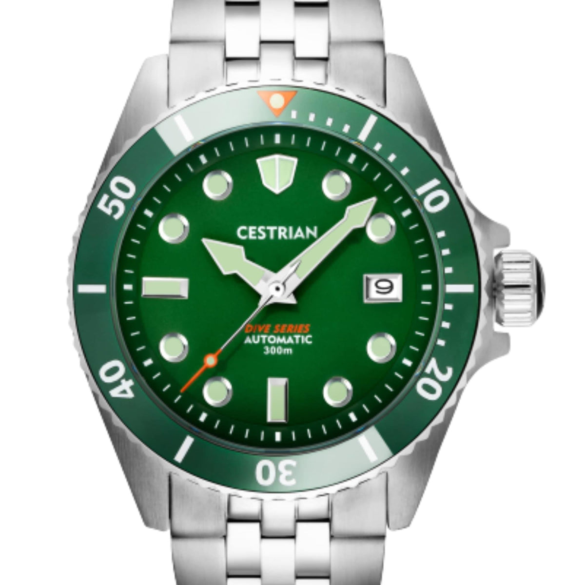 Green dial dive automatic watch close-up with steel bracelet and green bezel