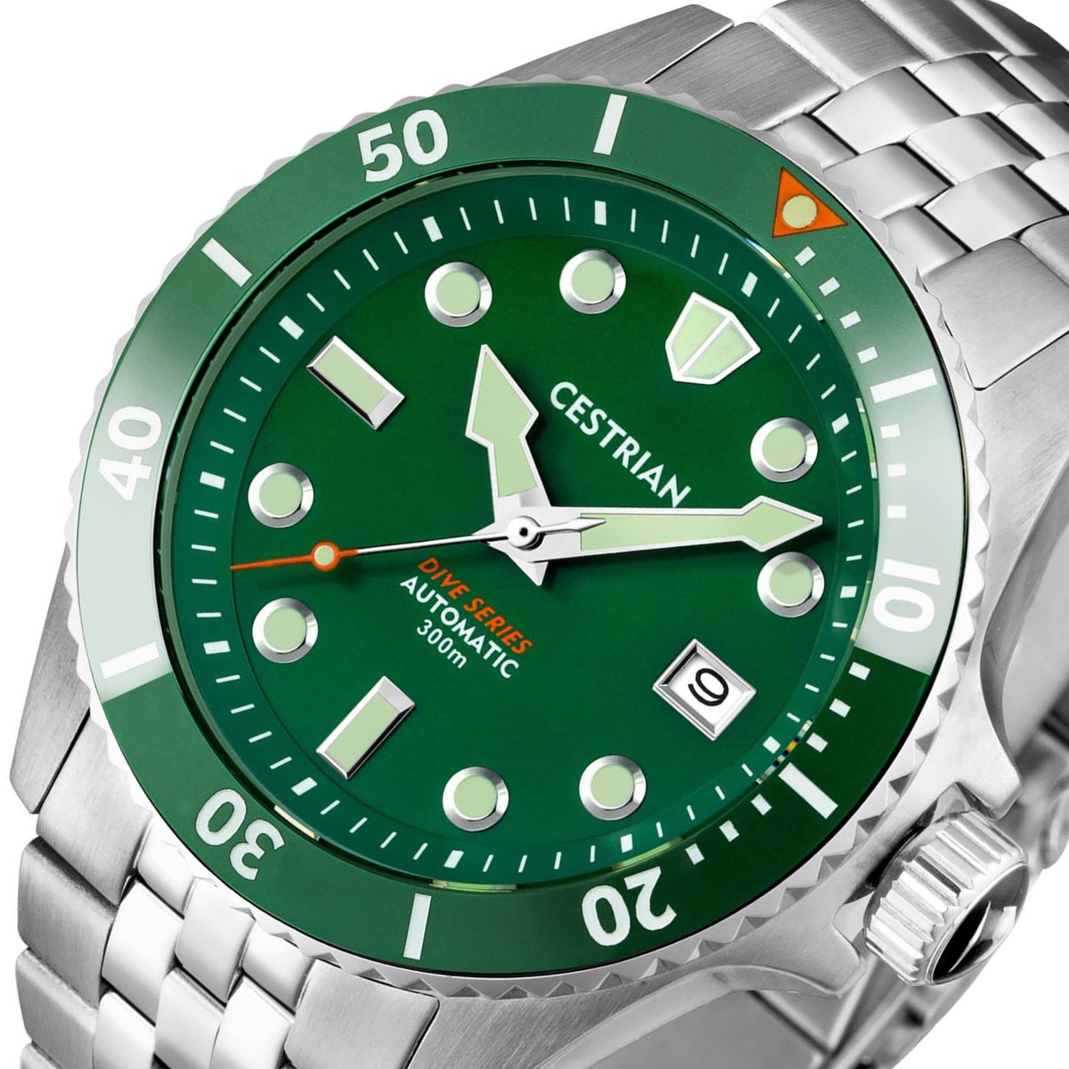 Green dial dive automatic watch with green bezel markings and steel bracelet links