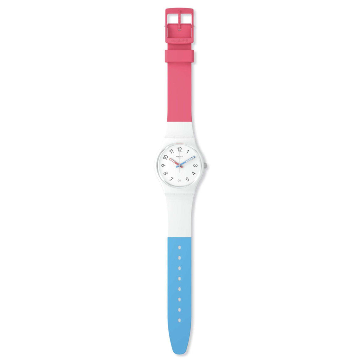 Pink-and-blue Swatch wristwatch with white strap, small round dial, clasp up top.