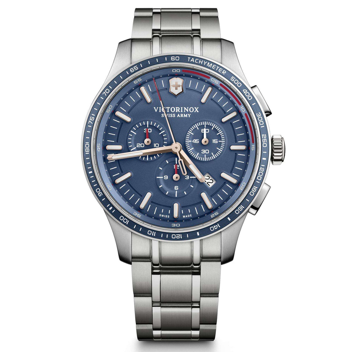 Men's stainless steel chronograph watch with blue dial, three subdials and date window