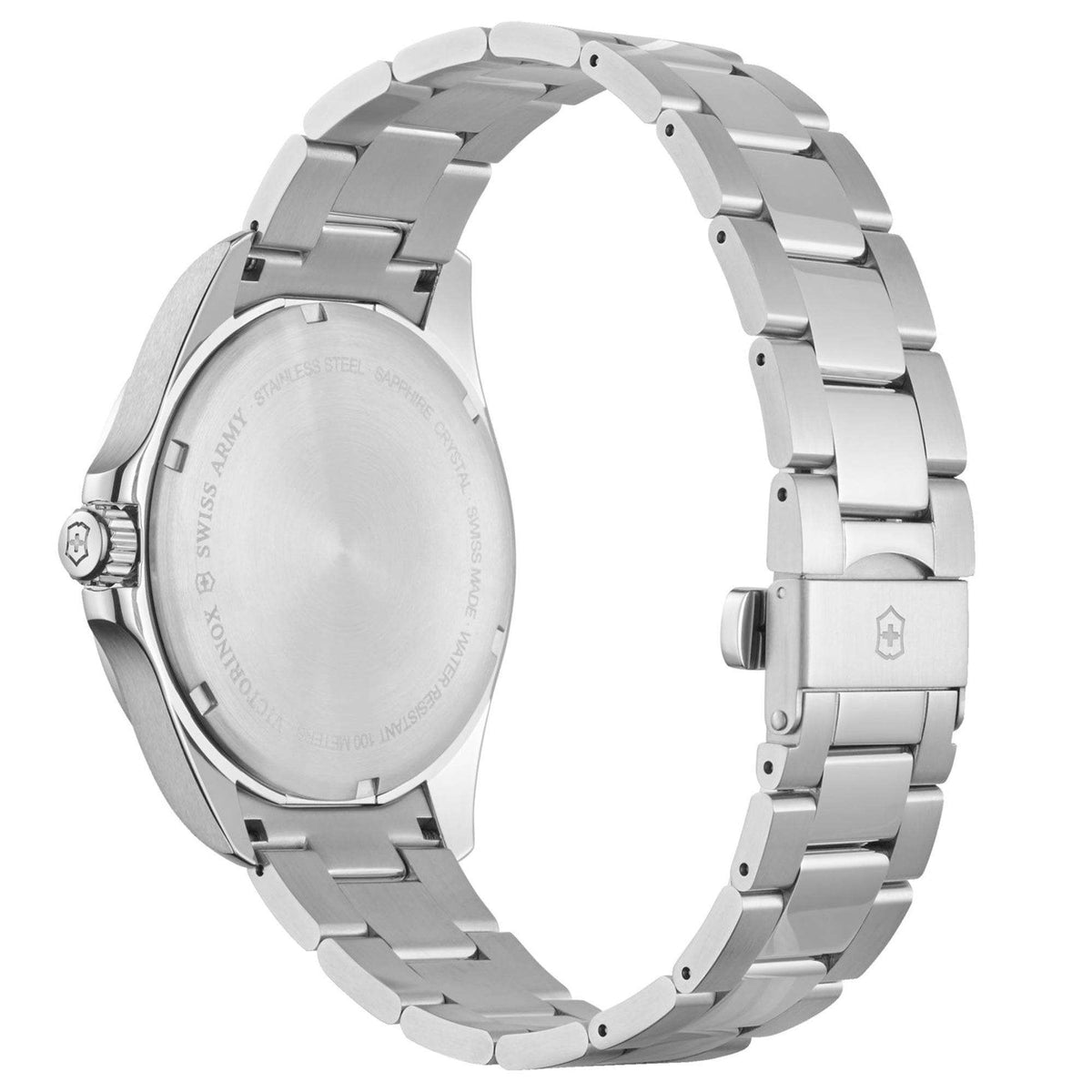 Stainless steel quartz watch case back with engraved text and linked metal bracelet.