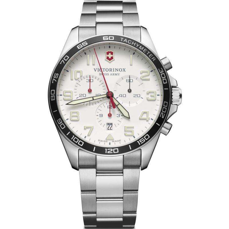 Men's steel chronograph quartz watch with white dial, tachymeter bezel and subdials