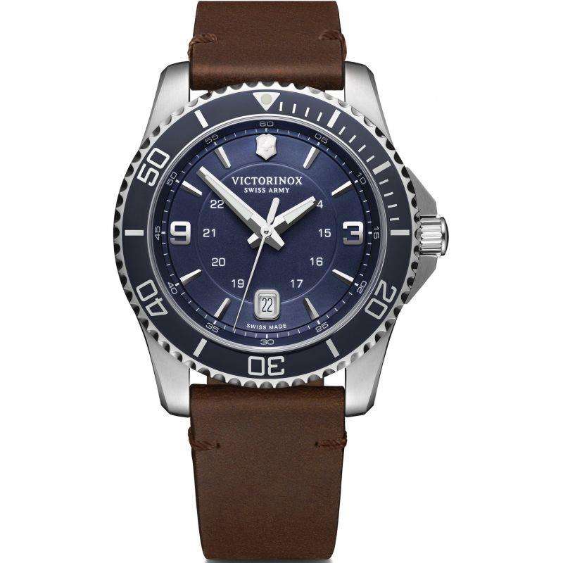 Men's quartz wristwatch with blue dial and brown leather strap, silver bezel