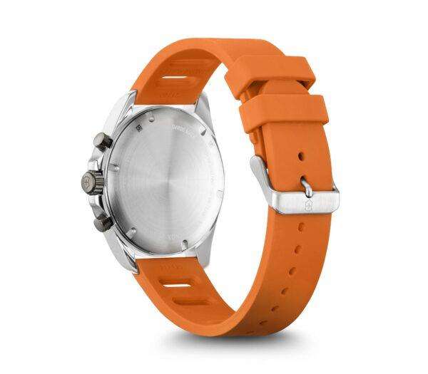 Men's quartz chronograph watch case back with orange rubber strap