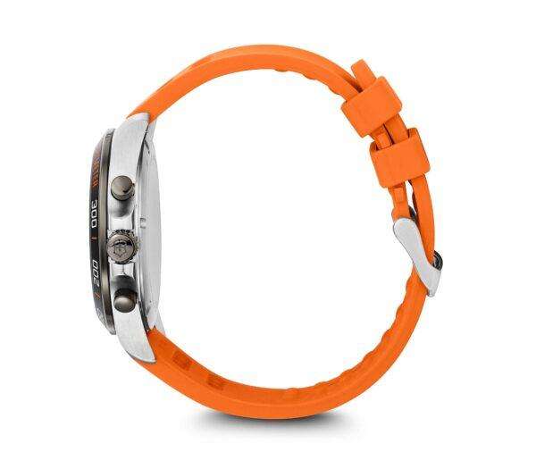 Men's quartz chronograph watch side view with orange rubber strap and silver case