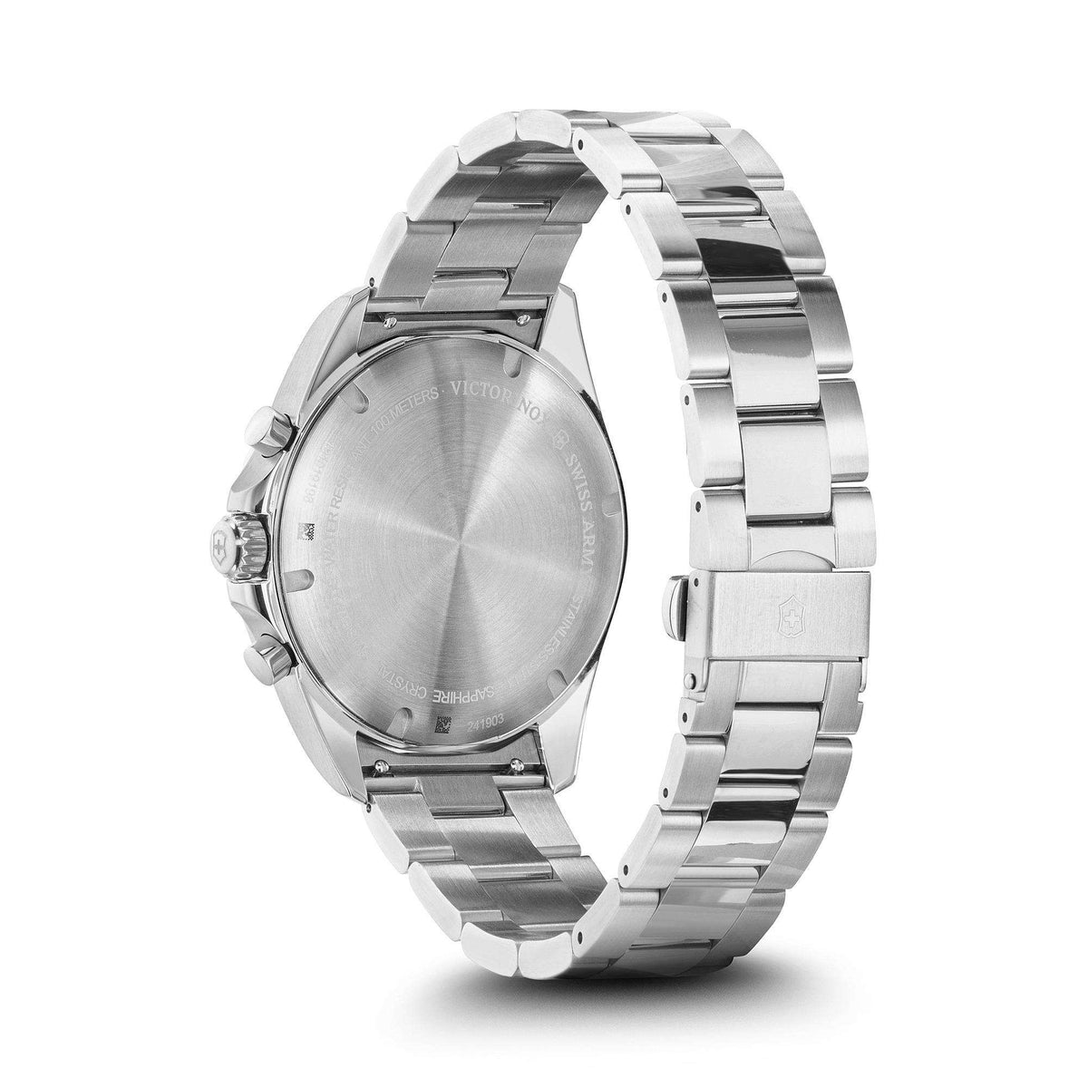 Men's stainless steel chronograph watch case back, brushed metal finish, metal bracelet