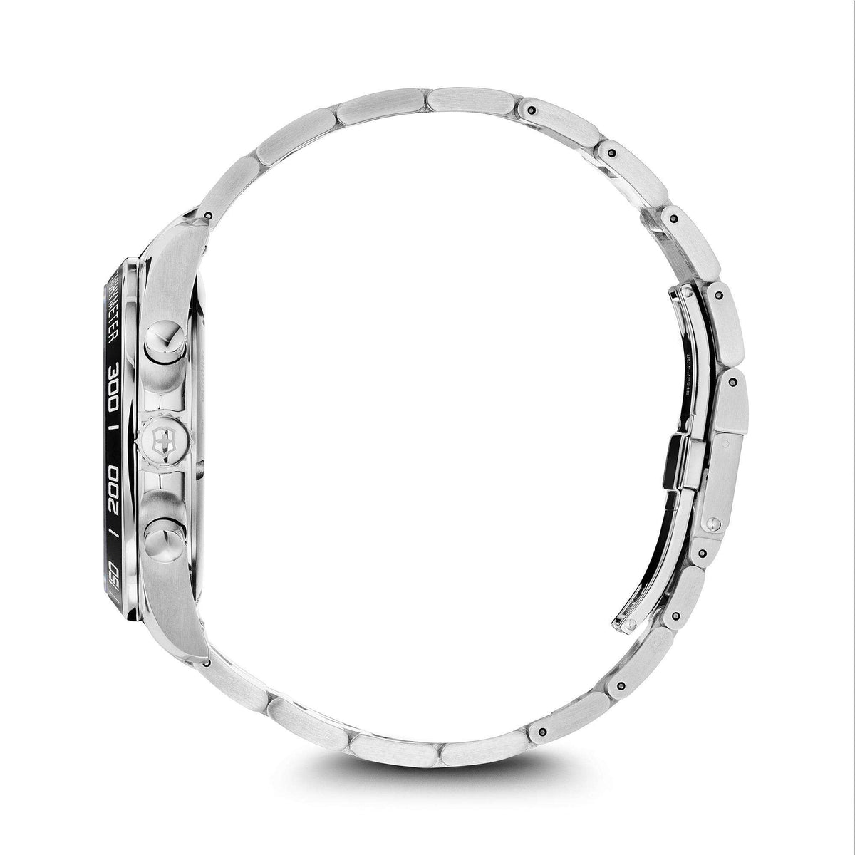 Men's stainless steel chronograph watch, curved case and link bracelet in side profile