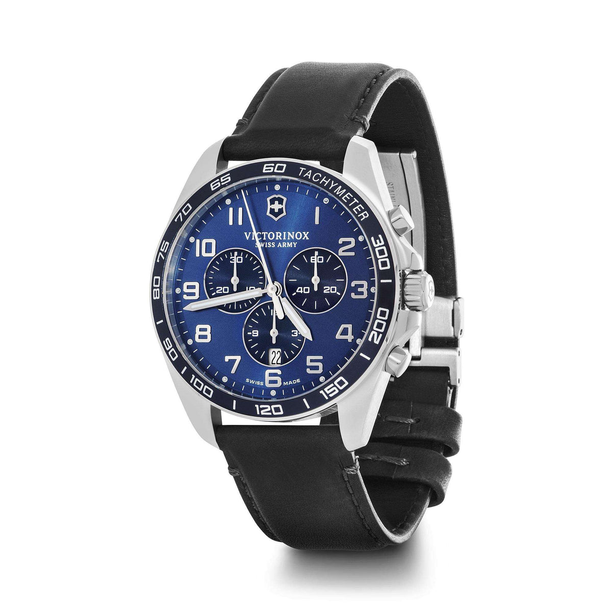 Men's blue dial chronograph quartz watch on black leather strap, silver-tone stainless case