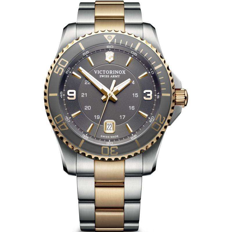 Victorinox Swiss Army men's quartz watch, steel bracelet, dark grey dial, gold accents