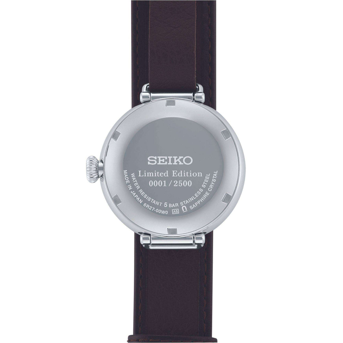 The solid stainless steel case back of the watch, showing the engraved 'Limited Edition' text and individual serial number 0001 out of 2500.