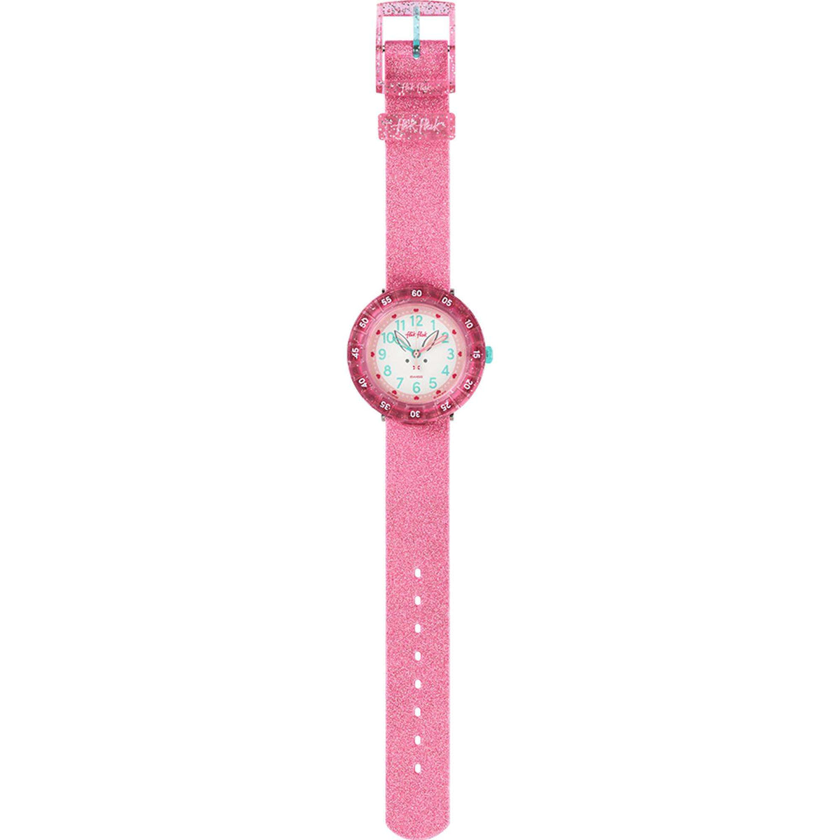 Girls pink glitter strap watch with round pink bezel and white dial, side view