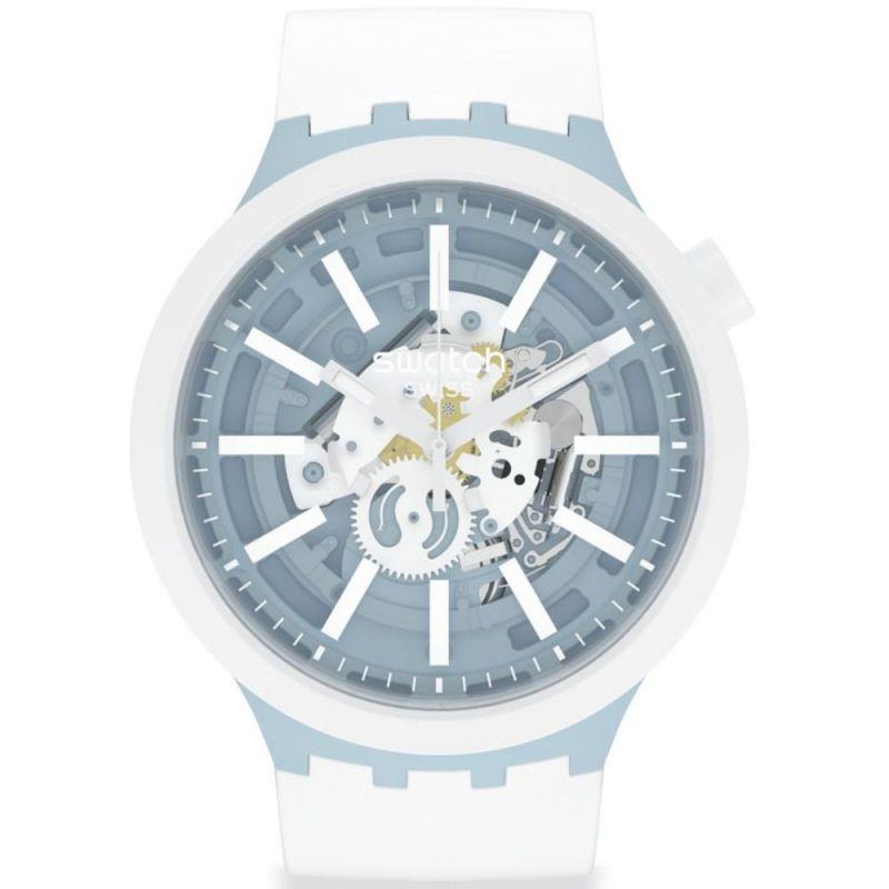 White silicone strap watch with blue skeleton dial and visible gears
