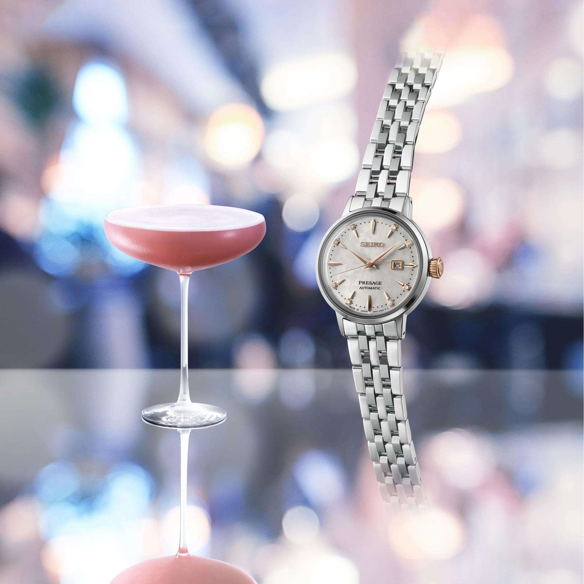 Seiko Presage SRE009J1 lifestyle view with pink cocktail glass