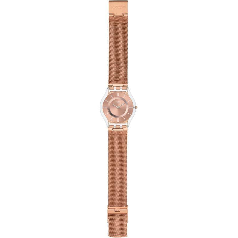 Rose-gold ladies quartz watch with mesh bracelet, round rose dial, crown at 3 o’clock