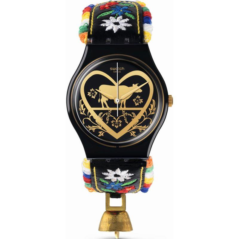Black ladies wristwatch with gold heart dial and colorful embroidered strap with snowflake details