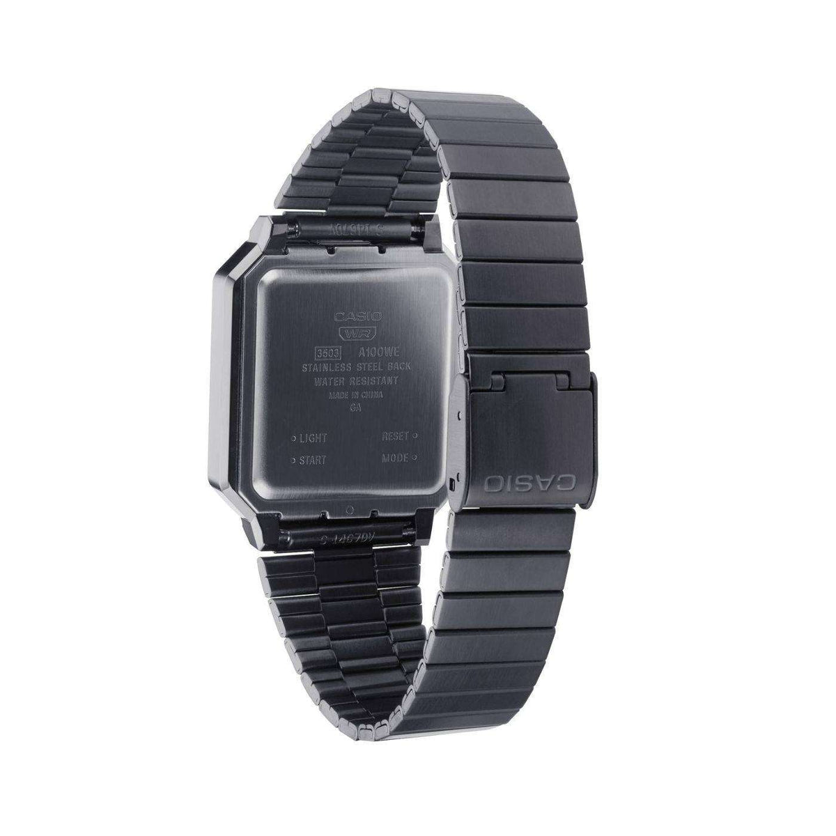 Casio digital quartz watch back view with metal clasp and textured black strap