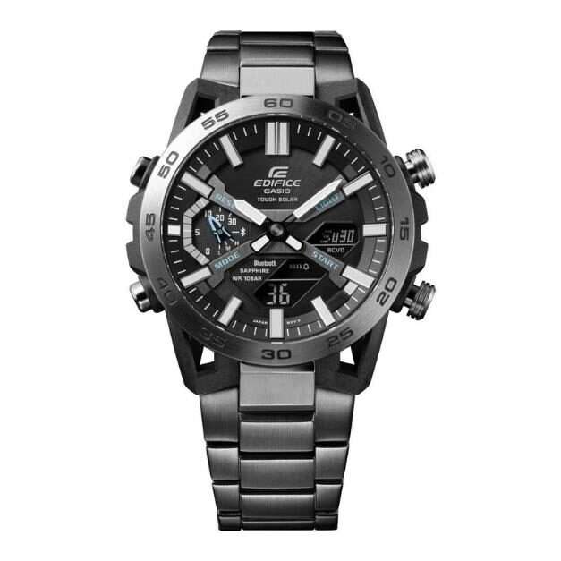 Black Edifice Bluetooth solar chronograph watch with metal bracelet and round dial